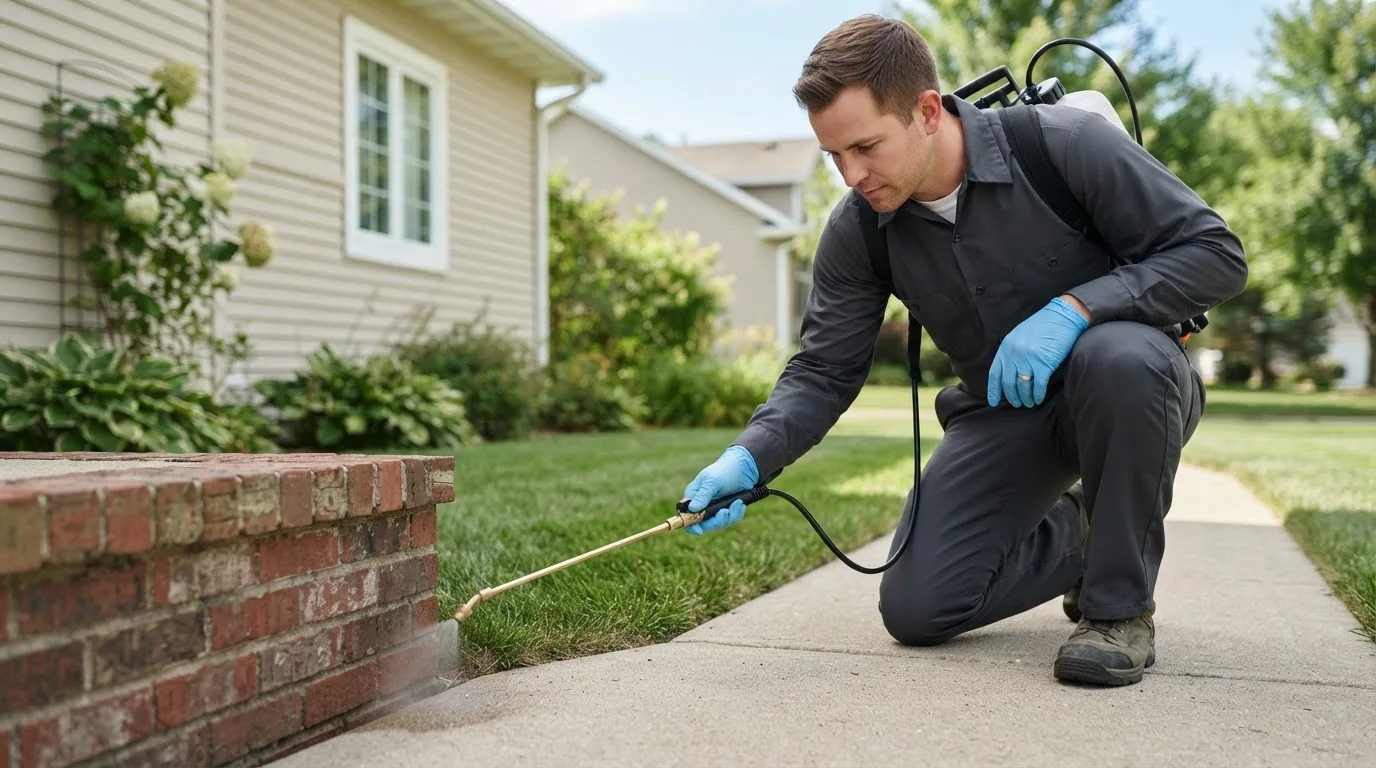 Pest control technician treating a home near Bluff Springs, IL