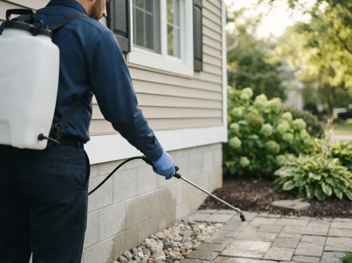 Pest control technician inspecting a home in Bluff Springs, IL